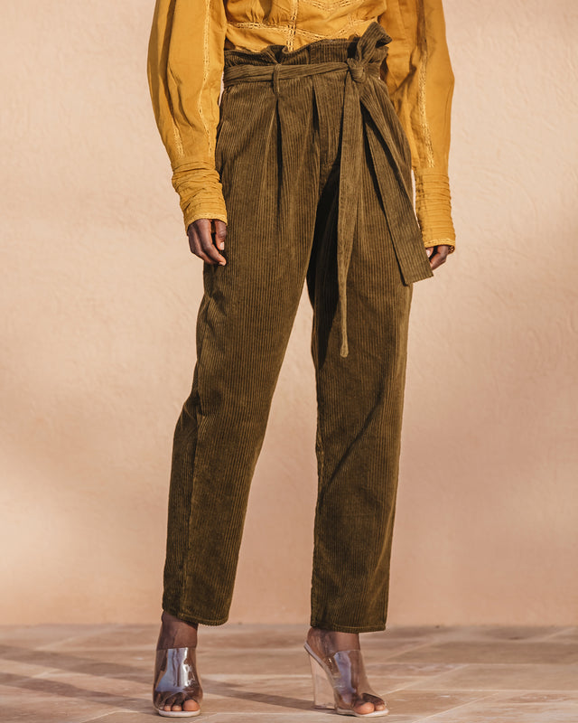 Pantalon velours côtelé kaki, taille haute, jambes droites - Pantalons & combinaisons Mes Demoiselles - Image 2