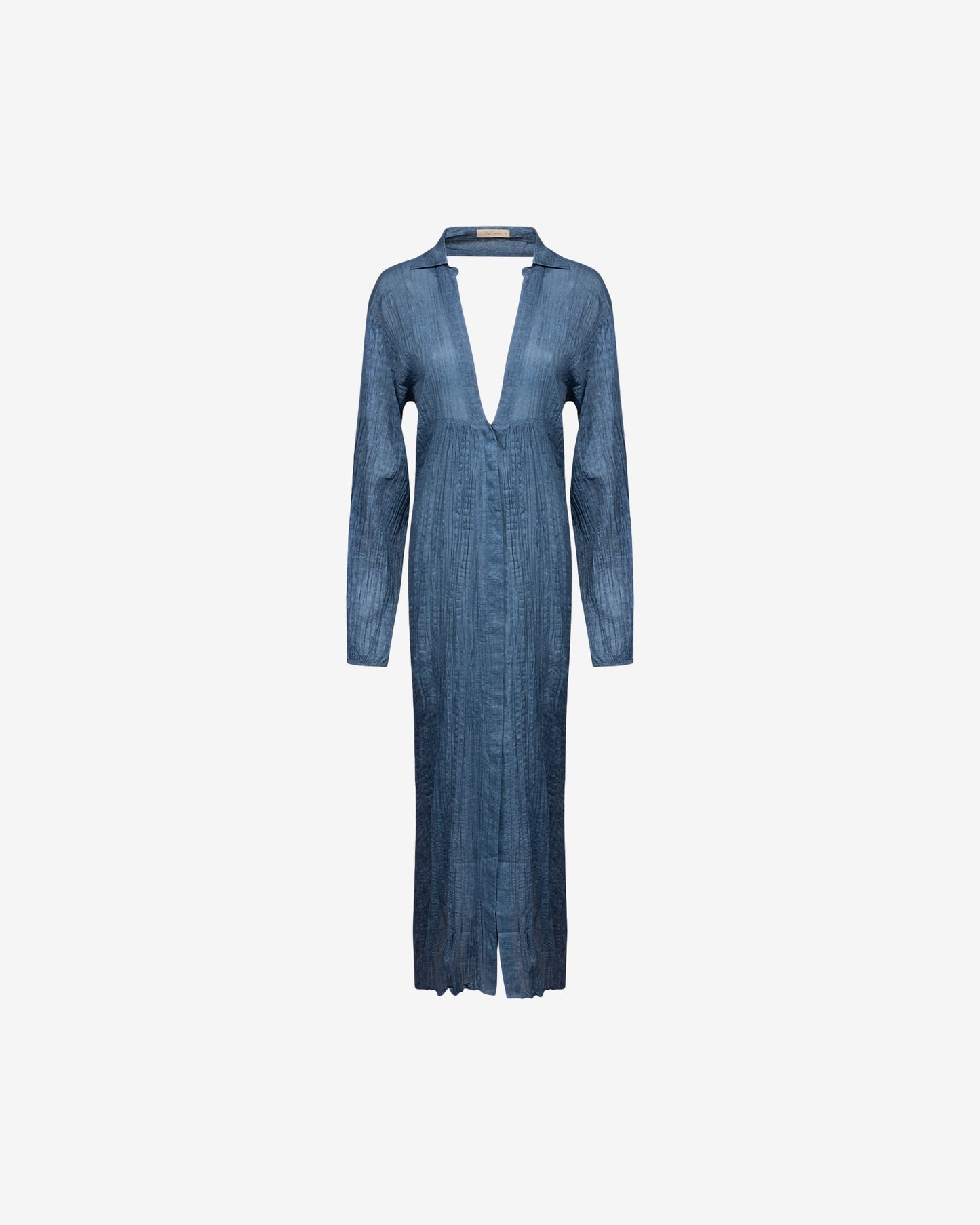 Robe longue plissée bleu foncé, col chemise, manches longues - Robes Mes Demoiselles