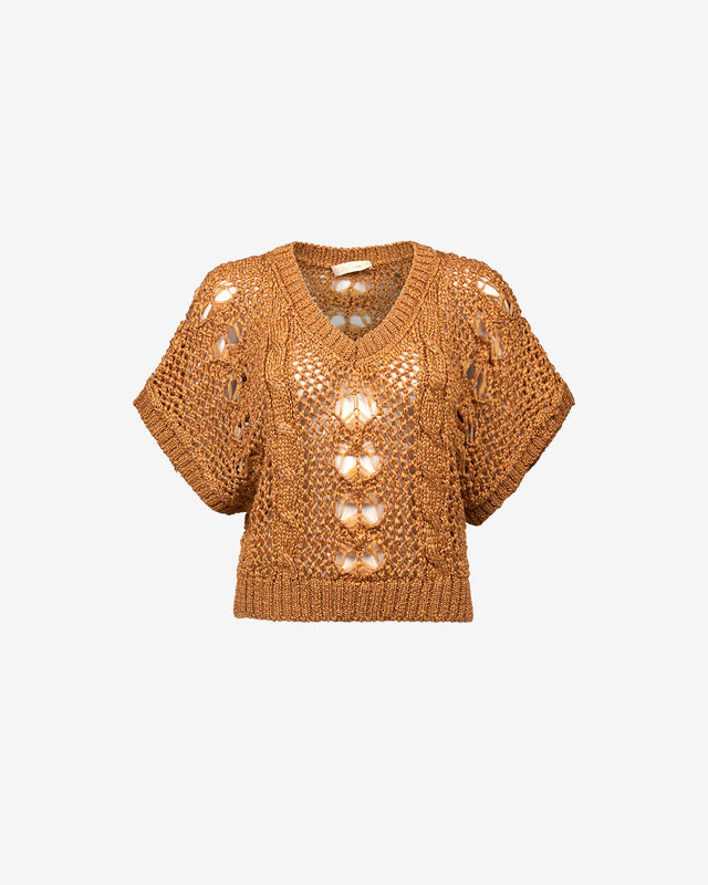 Pull Capria - Ocre : Tricot en tissage ajouré ocre Mes Demoiselles - Dernière image