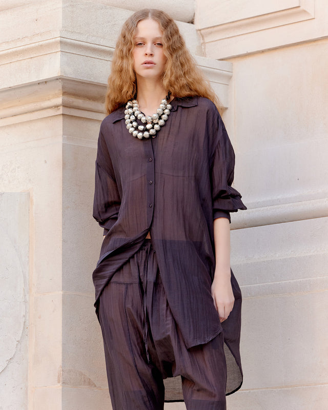 Chemise souple et longue en gaze de coton et soie grise - Chemises & tops Mes Demoiselles - Image 2
