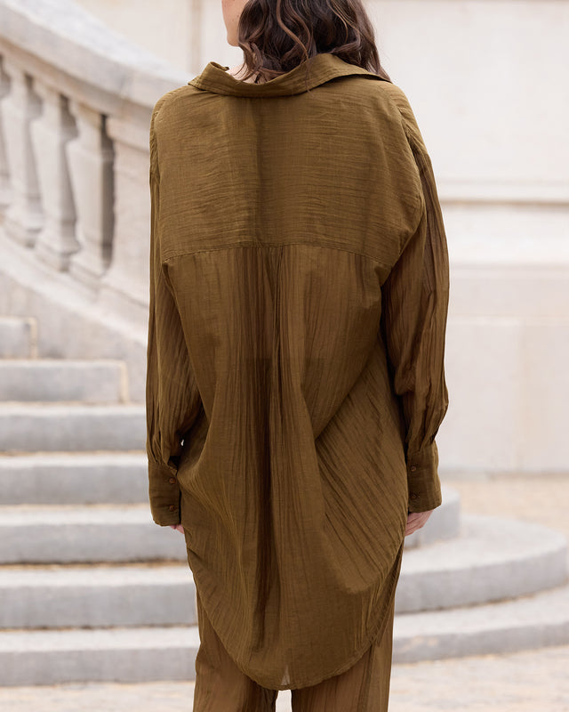 Chemise Lao - Marron : Chemise souple et longue en gaze de coton et soie kaki Mes Demoiselles - Image 3