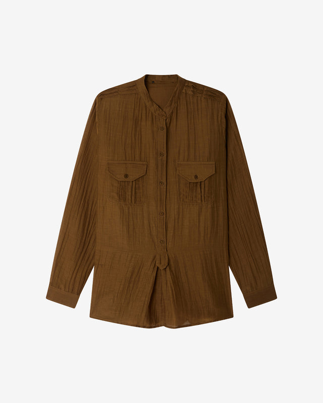 Chemise Lenny - Marron : Blouse chemise en gaze de coton et soie kaki Mes Demoiselles - Dernière image