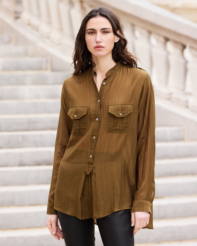 Blouse chemise en gaze de coton et soie kaki - Chemises & tops Mes Demoiselles - Image 2