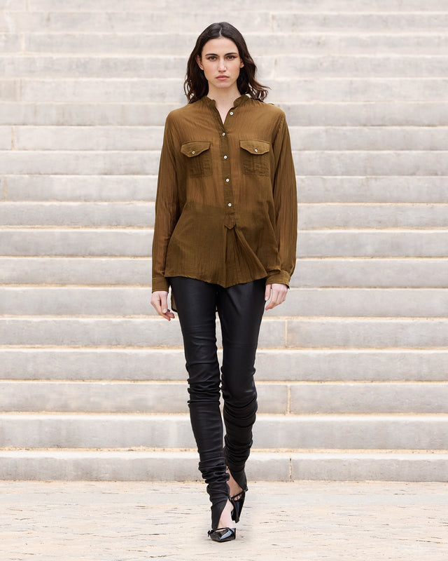 Blouse chemise en gaze de coton et soie kaki - Chemises & tops Mes Demoiselles - Image 1