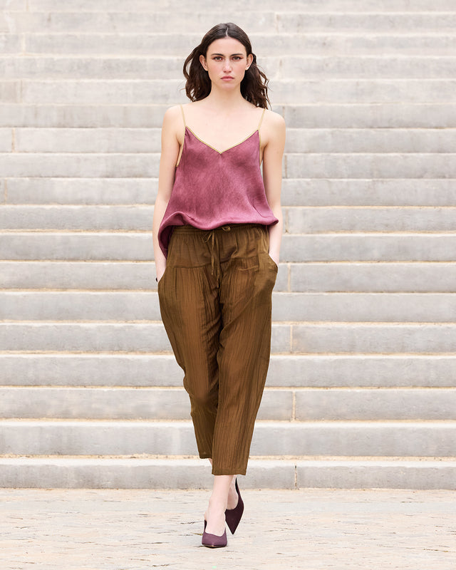 Pantalon sarouel en gaze de coton et soie kaki - Pantalons & combinaisons Mes Demoiselles - Image 1
