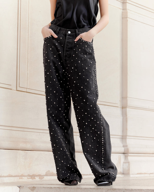 Jean oversize noir avec détails argentés - Pantalons & combinaisons Mes Demoiselles - Image 2
