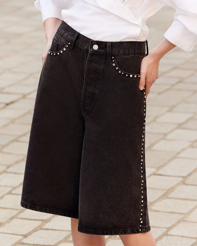 Bermuda long en denim noir et pièces argentés - Jupes & shorts Mes Demoiselles - Image 2