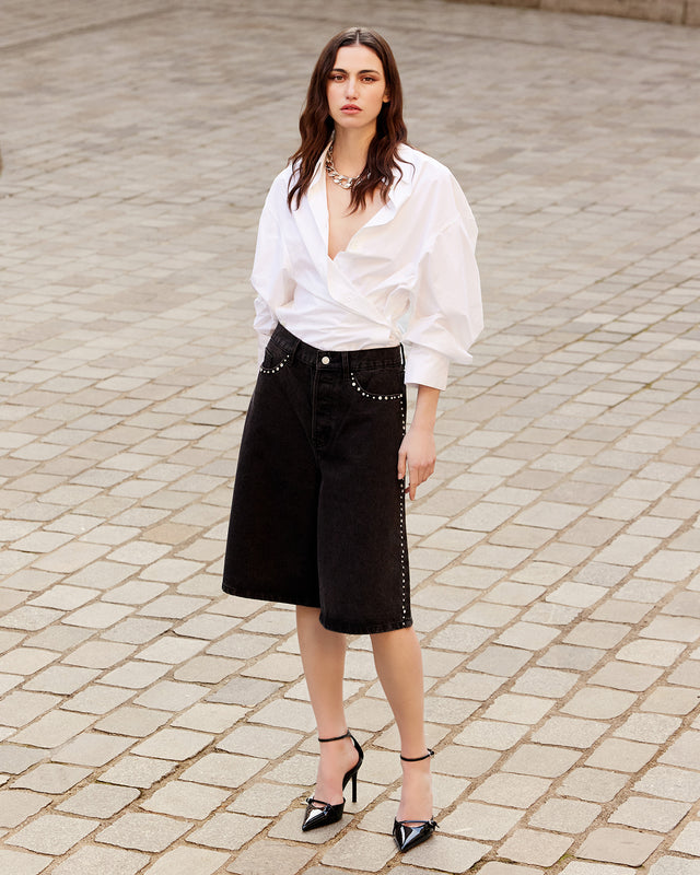 Bermuda long en denim noir et pièces argentés : Jupes & shorts Mes Demoiselles - Image 1