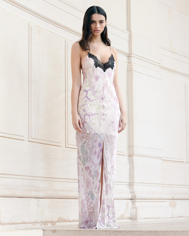 Robe longue imprimé fondu délicat et dentelle noire - Robes Mes Demoiselles - Image 1