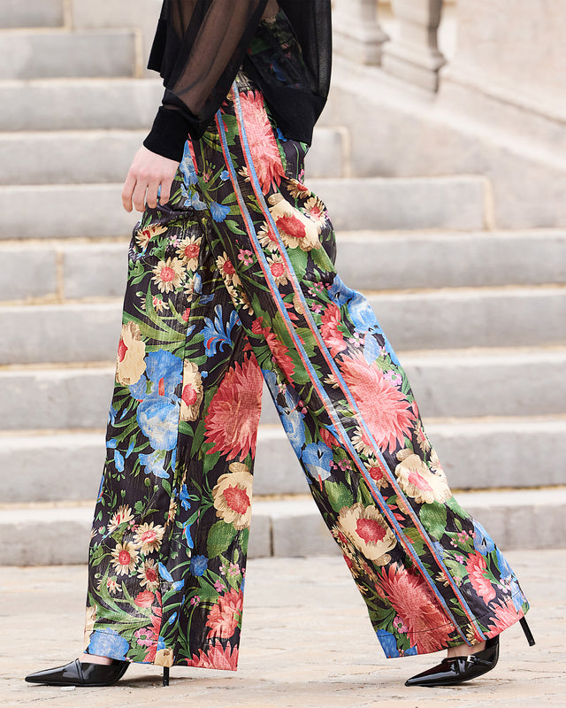 Pantalon large en jacquard lurex imprimé grandes fleurs - Pantalons & combinaisons Mes Demoiselles - Image 2