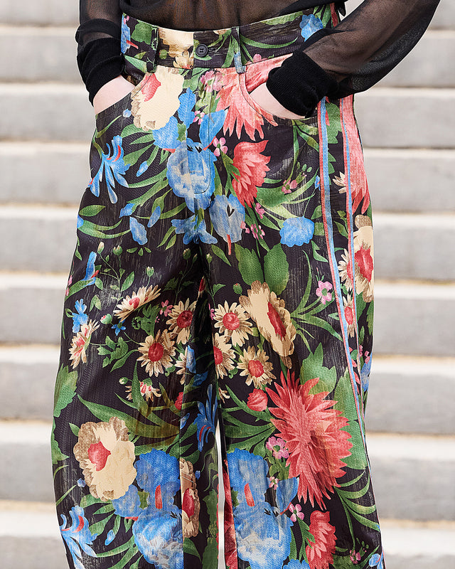 Pantalon Rosa - Noir : Pantalon large en jacquard lurex imprimé grandes fleurs Mes Demoiselles - Image 3