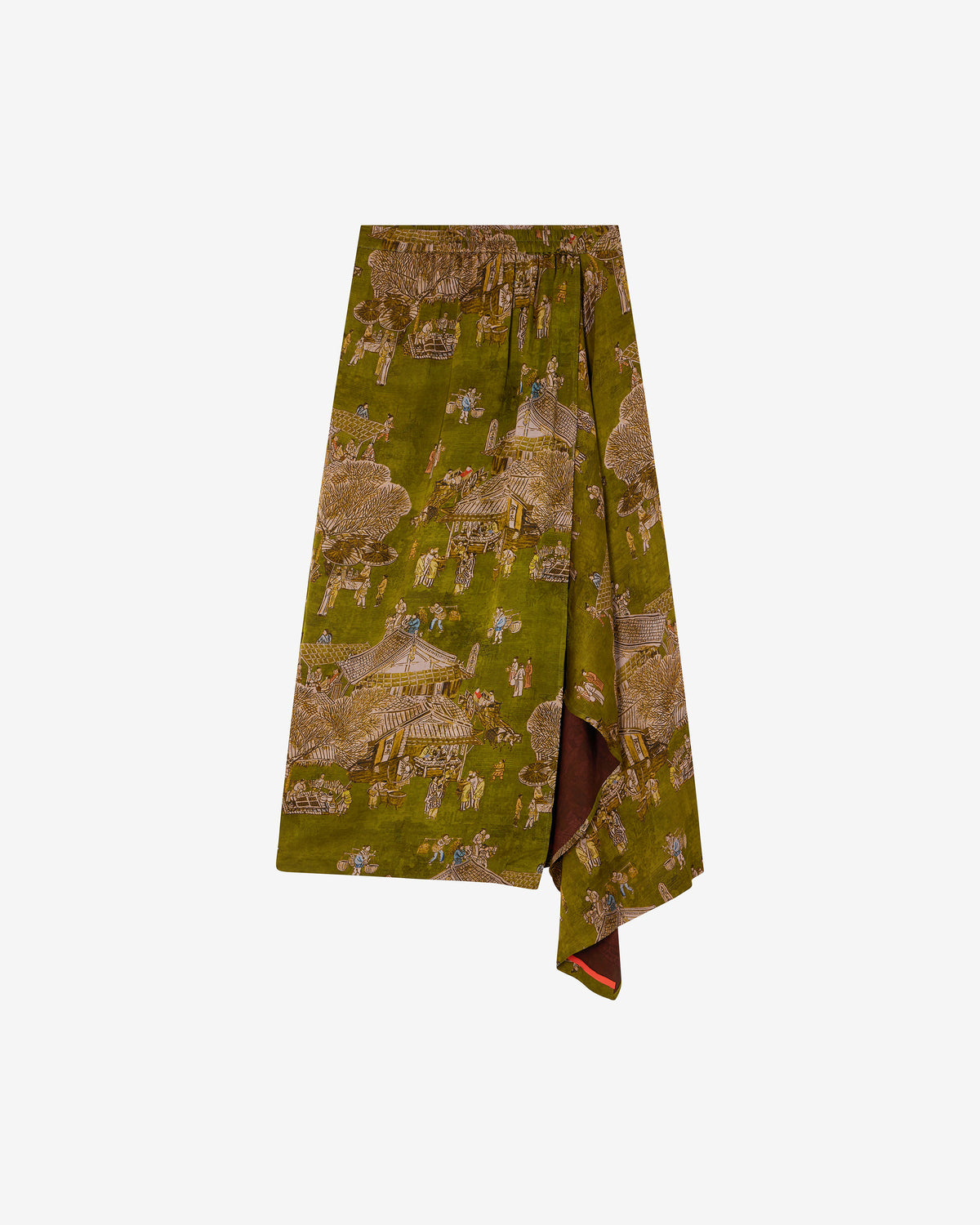 Jupe Pavo - Vert : Jupe portefeuille en jacquard de viscose imprimé sur fond vert Mes Demoiselles