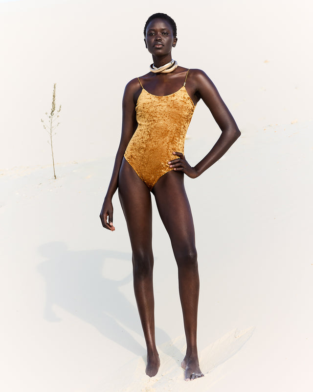 Maillot de bain 1 pièce en velours ocre & perles argentées - Maillots de bain Mes Demoiselles - Image 1