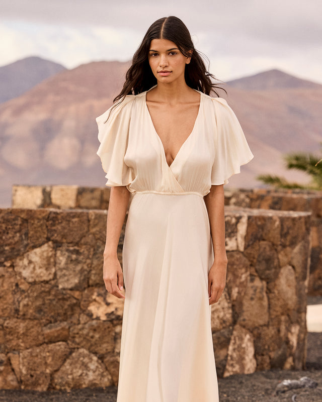 Robe longue fluide en satin – Ecru - Robes Mes Demoiselles - Image 1
