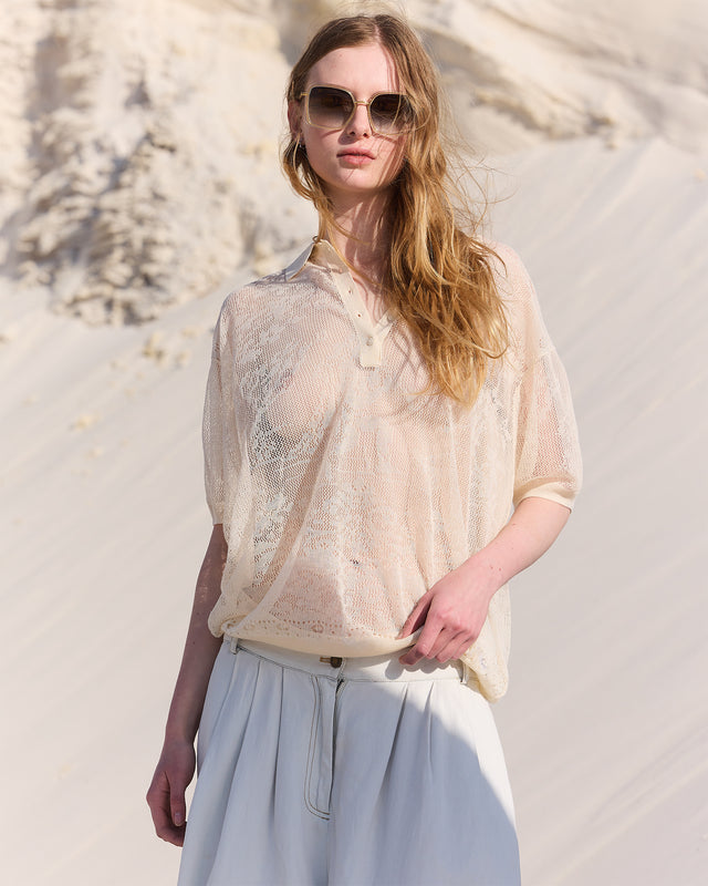 Polo en pointelle et dentelle raffinée beige - Pulls & gilets Mes Demoiselles - Image 2