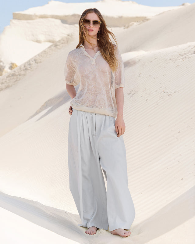 Polo en pointelle et dentelle raffinée beige - Pulls & gilets Mes Demoiselles - Image 1