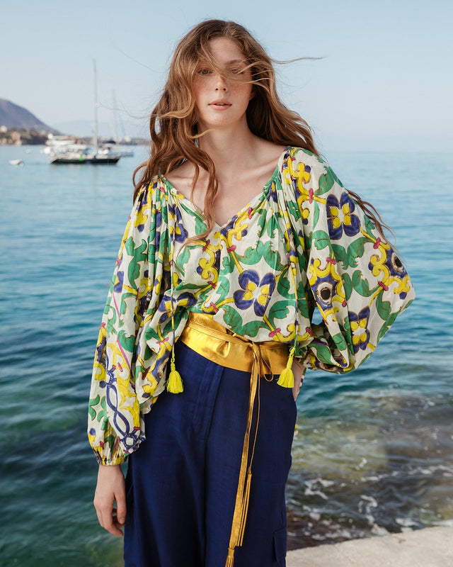 Blouse en coton multicolore imprimé placé - Chemises & tops Mes Demoiselles - Image 1