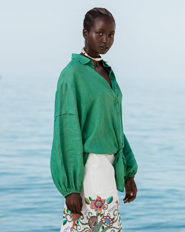 Chemise en lin couleur verte à nouer - Chemises & tops Mes Demoiselles - Image 3