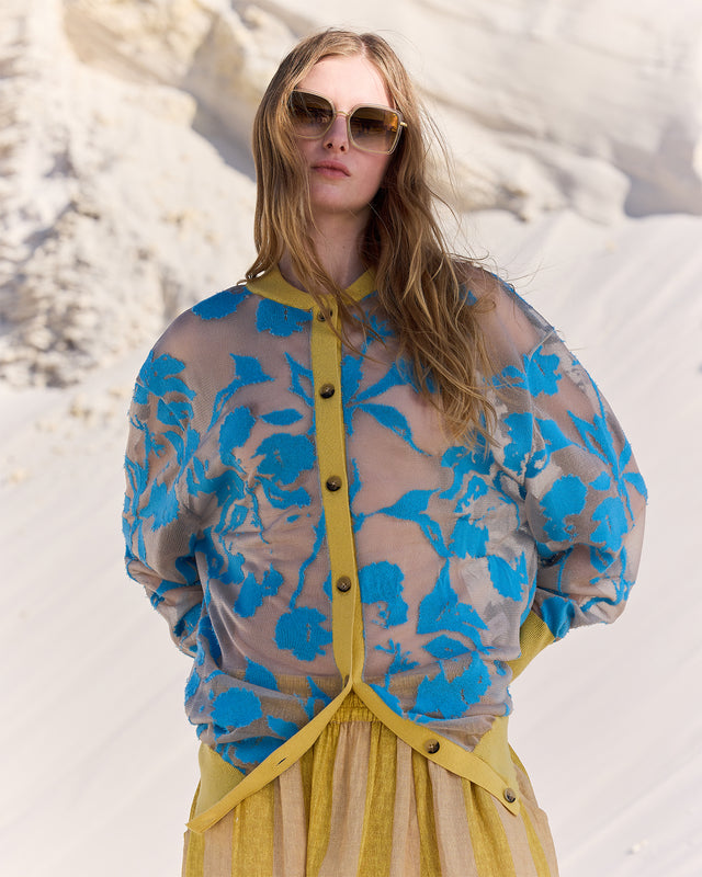 Cardigan long dans un tissu dévoré chair et imprimé bleu - Pulls & gilets Mes Demoiselles - Image 1