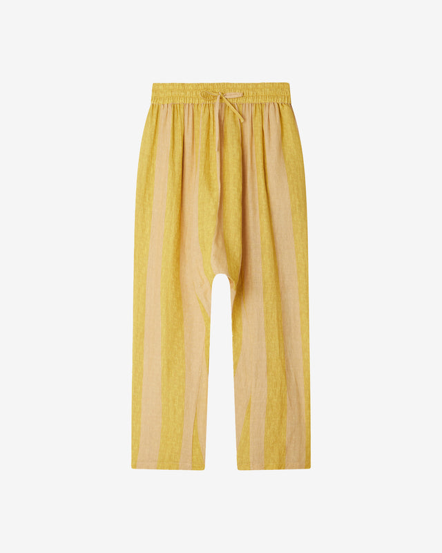 Pantalon Evira - Jaune : Pantalon sarouel en soie fine et naturelle rayé jaune Mes Demoiselles - Dernière image