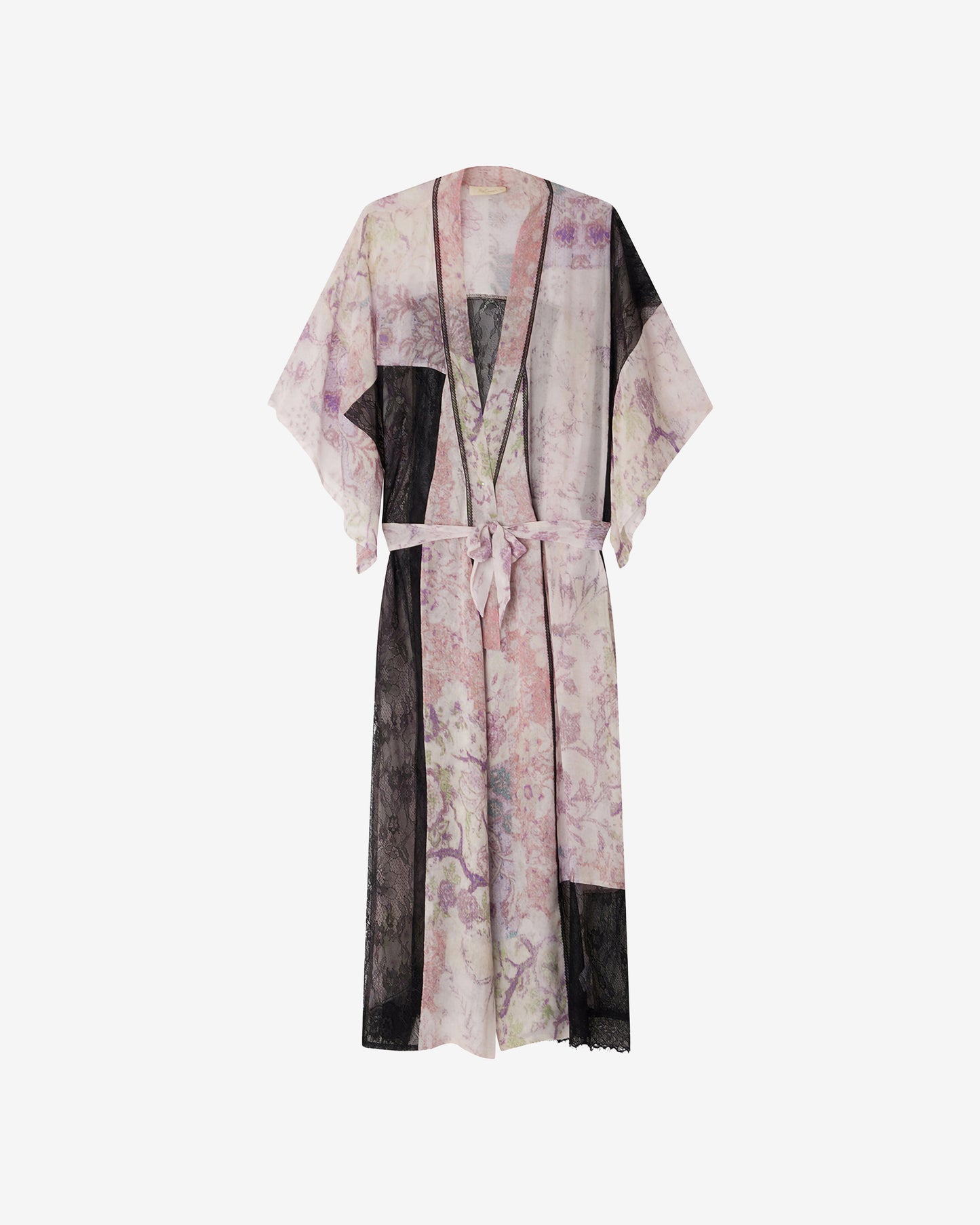 Kimono Pivera - Rose : Long kimono vaporeux rose et dentelle noire Mes Demoiselles