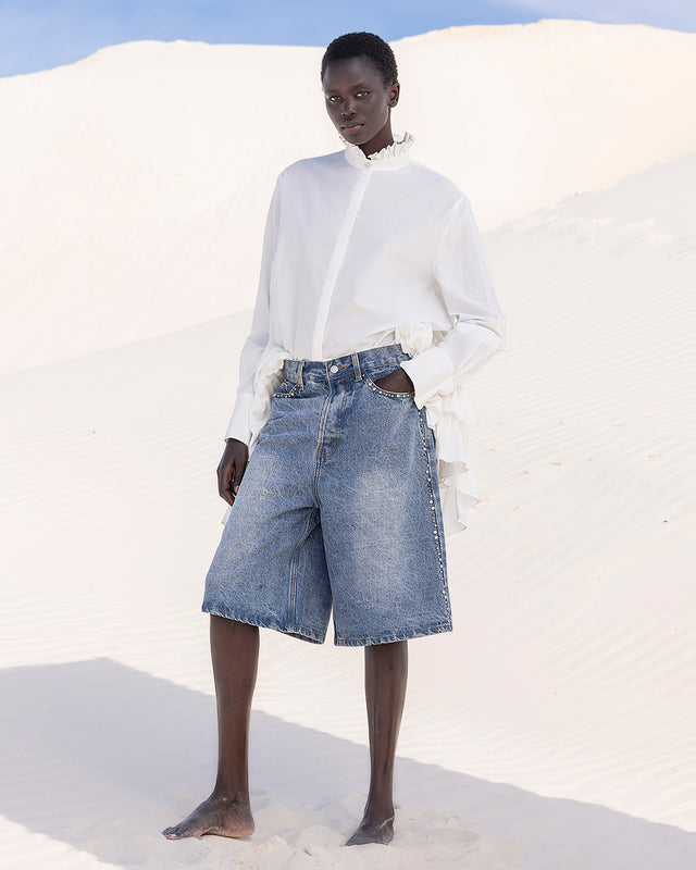 Bermuda long en denim bleu et pièces argentés : Jupes & shorts Mes Demoiselles - Image 1