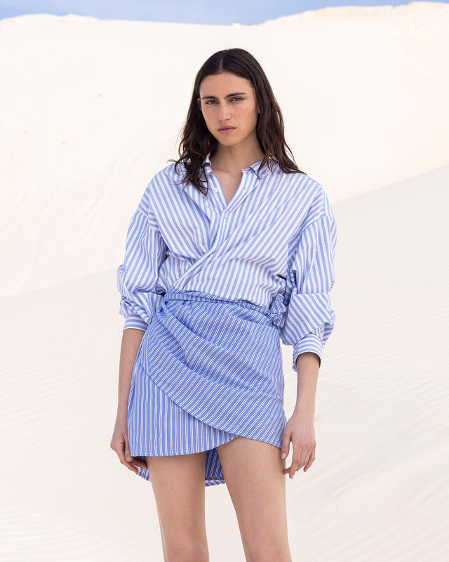 Robe courte en popeline de coton bleu rayée - Robes Mes Demoiselles - Image 2