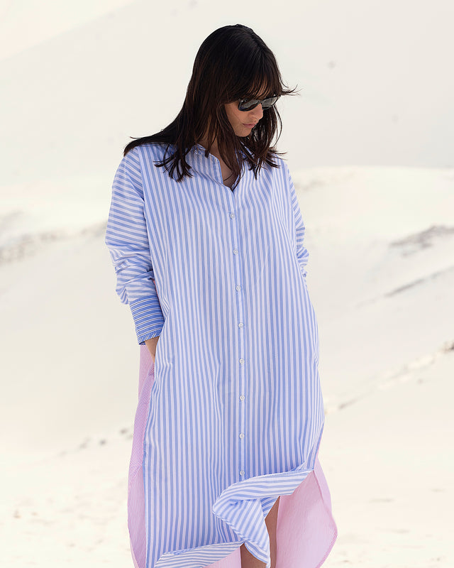 Robe chemise en popeline de coton rayé bleu et rose - Chemises & tops Mes Demoiselles - Image 2