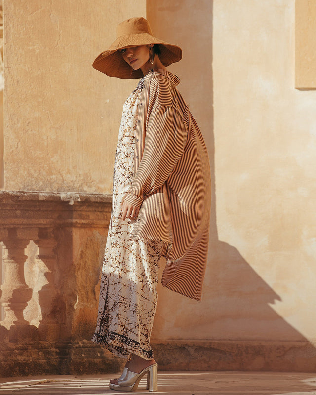 Longue chemise en soie rayée chocolat - Robes Mes Demoiselles - Image 1