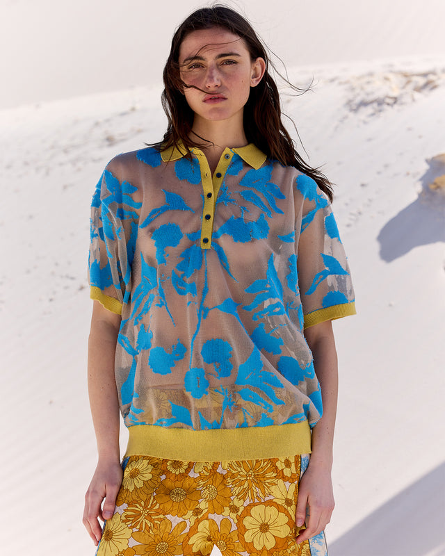 Pull Sharita - Bleu : Polo délicat en dévoré bleu sur une base chair avec détail jaune Mes Demoiselles - Image 3