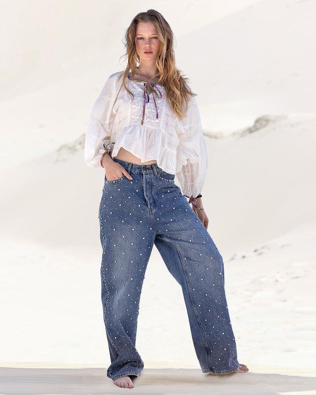 Jean oversize denim avec détails argentés - Pantalons & combinaisons Mes Demoiselles - Image 1