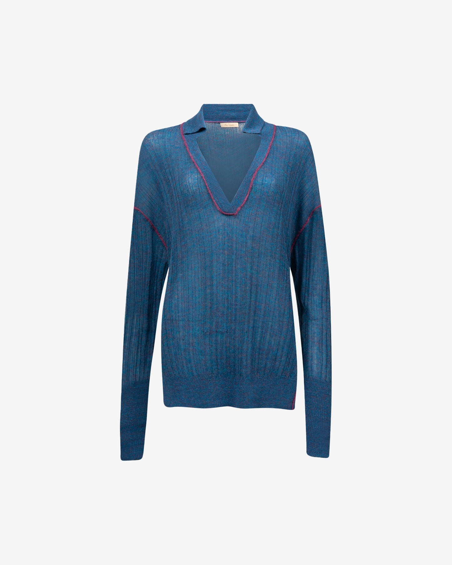 Pull Takuya - Bleu : Pull polo en alpaga, côtes irrégulières, piping coloré Mes Demoiselles