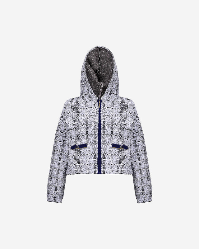 Cardigan Cana - Bleu Electrique : Cardigan court en tweed navy et ecru Mes Demoiselles - Dernière image
