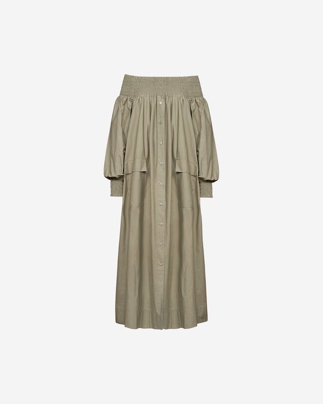 Robe Parimar - Kaki : Robe longue kaki en popeline de coton craquante Mes Demoiselles - Dernière image