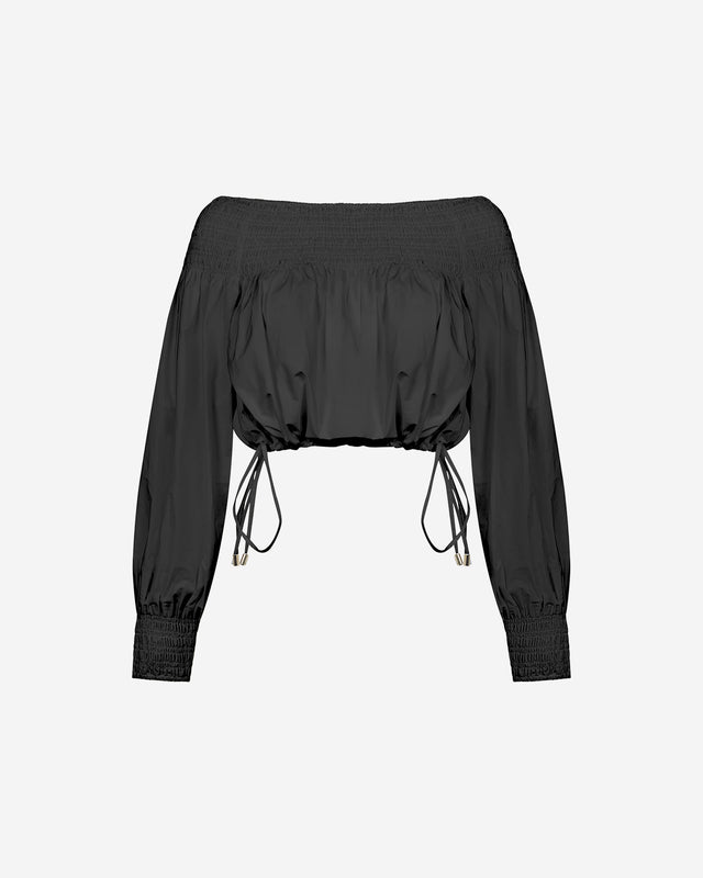 Blouse Pyrite - Noir : Top en popeline de coton noire encolure smockée Mes Demoiselles - Dernière image