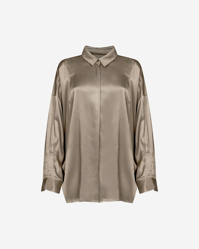 Chemise Suram - Kaki : Chemise oversize en satin viscose kaki Mes Demoiselles - Dernière image