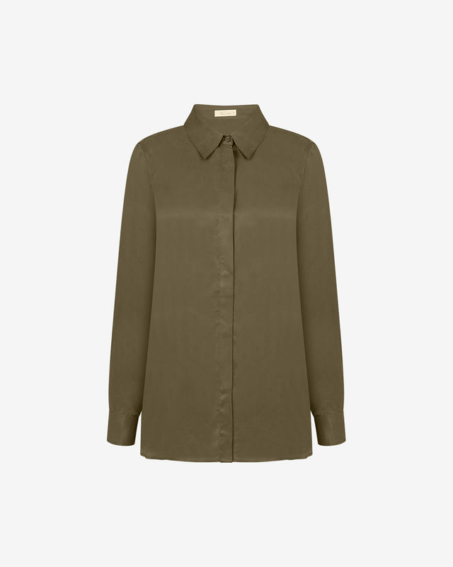 Chemise Marius - Kaki : Chemise turquoise en cupro avec décoleté au dos Mes Demoiselles - Dernière image