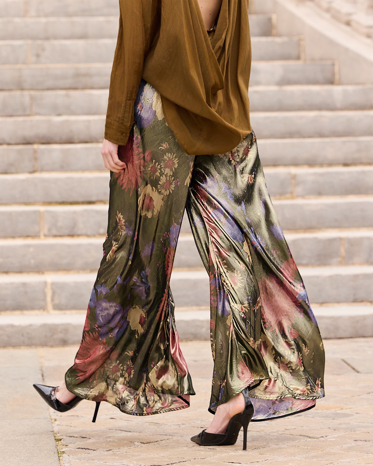 Pantalon Betty - Vert : Pantalon en voile lurex imprimé floral fondu Mes Demoiselles