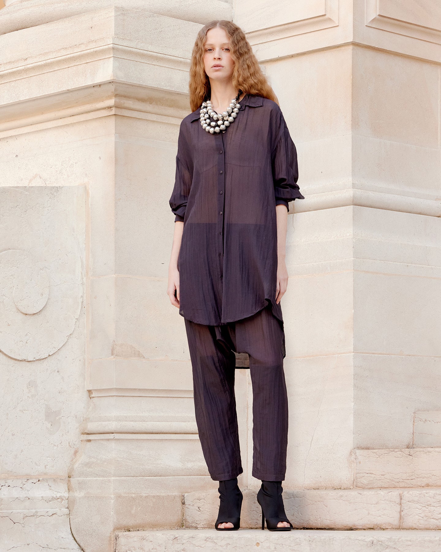 Chemise souple et longue en gaze de coton et soie grise - Chemises & tops Mes Demoiselles
