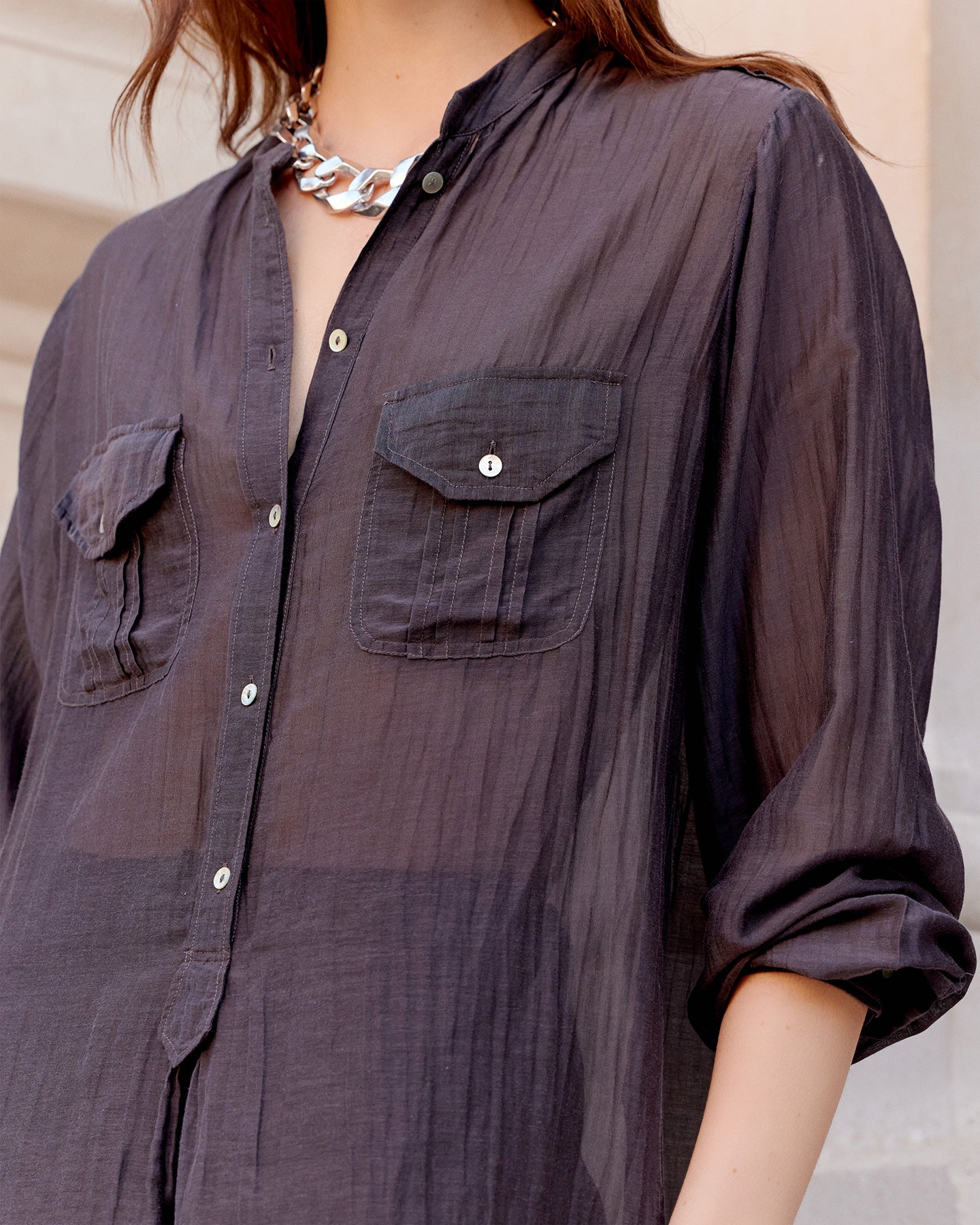 Chemise Lenny - Gris Violine : Blouse chemise en gaze de coton et soie grise Mes Demoiselles