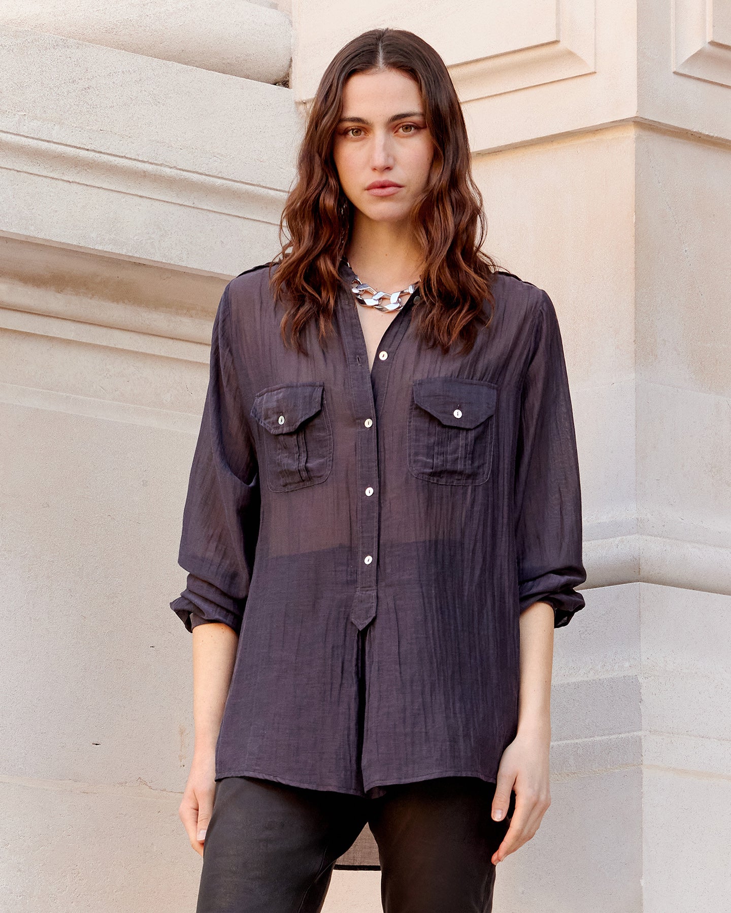Chemise Lenny - Gris Violine : Blouse chemise en gaze de coton et soie grise Mes Demoiselles