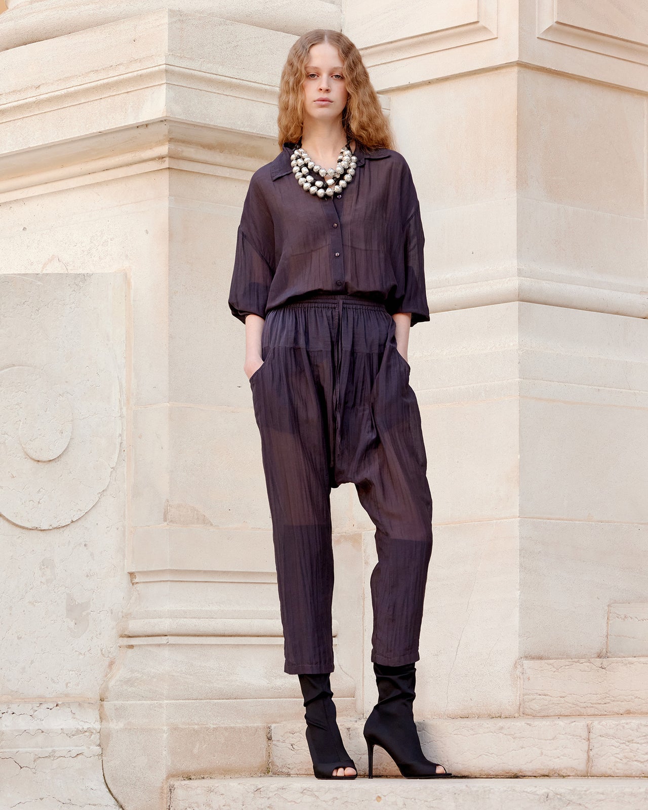 Pantalon sarouel en gaze de coton et soie grise - Pantalons & combinaisons Mes Demoiselles - Image 1