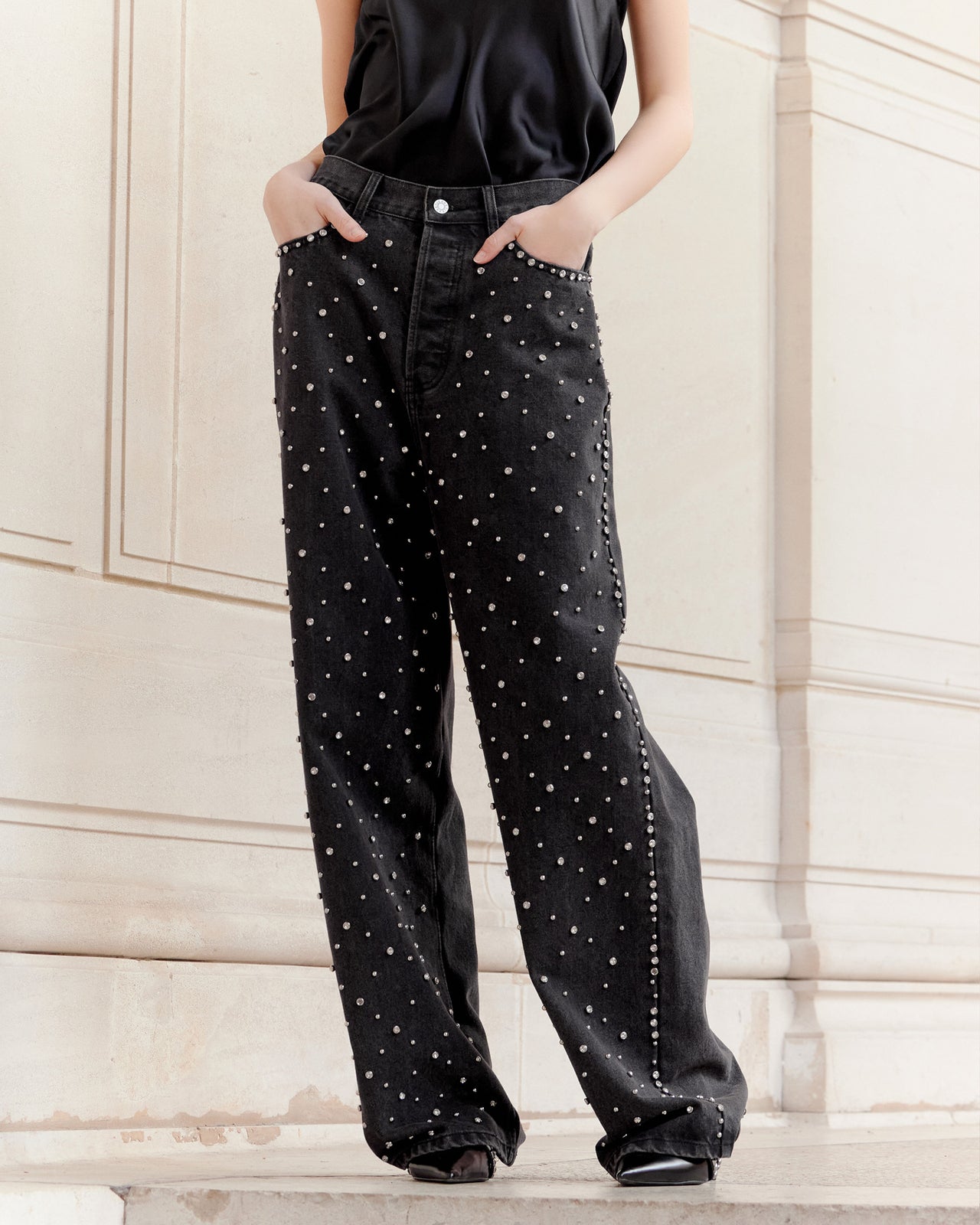 Jean oversize noir avec détails argentés - Pantalons & combinaisons Mes Demoiselles - Image 3