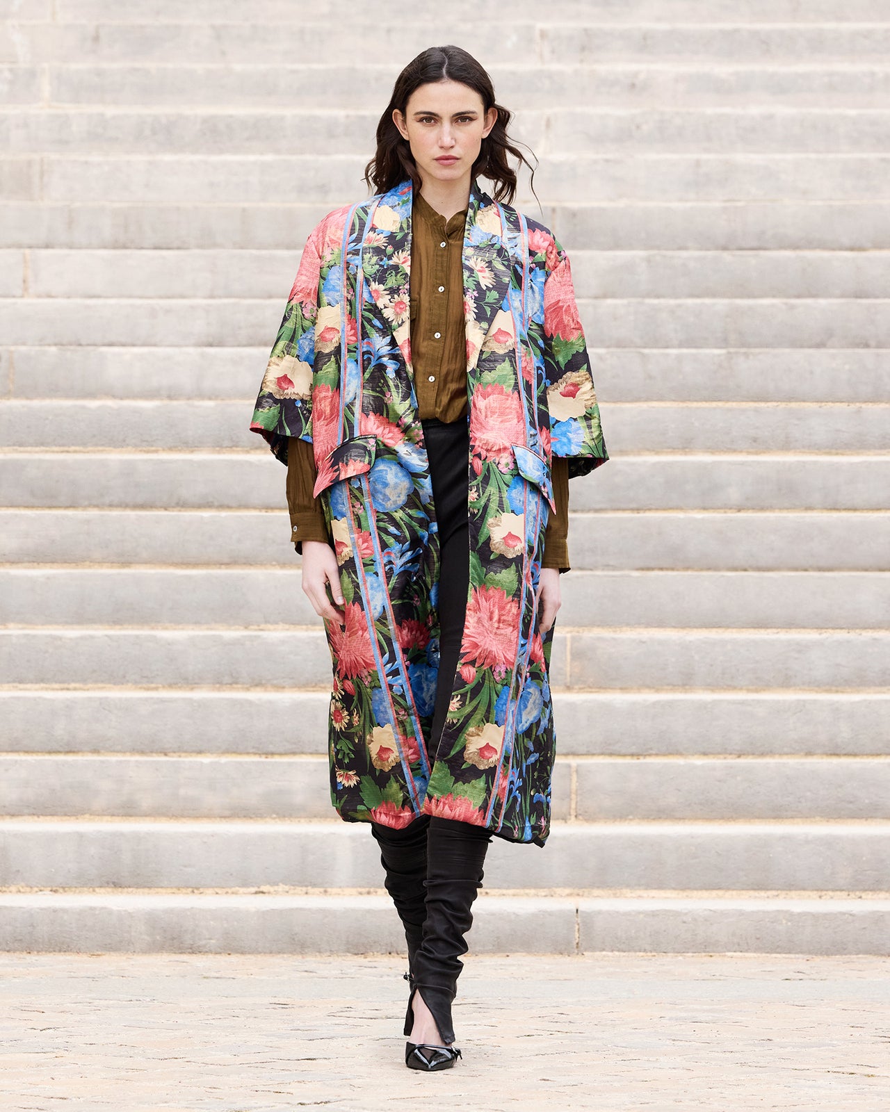 Manteau en jacquard lurex imprimé grandes fleurs - Manteaux & vestes Mes Demoiselles - Image 1