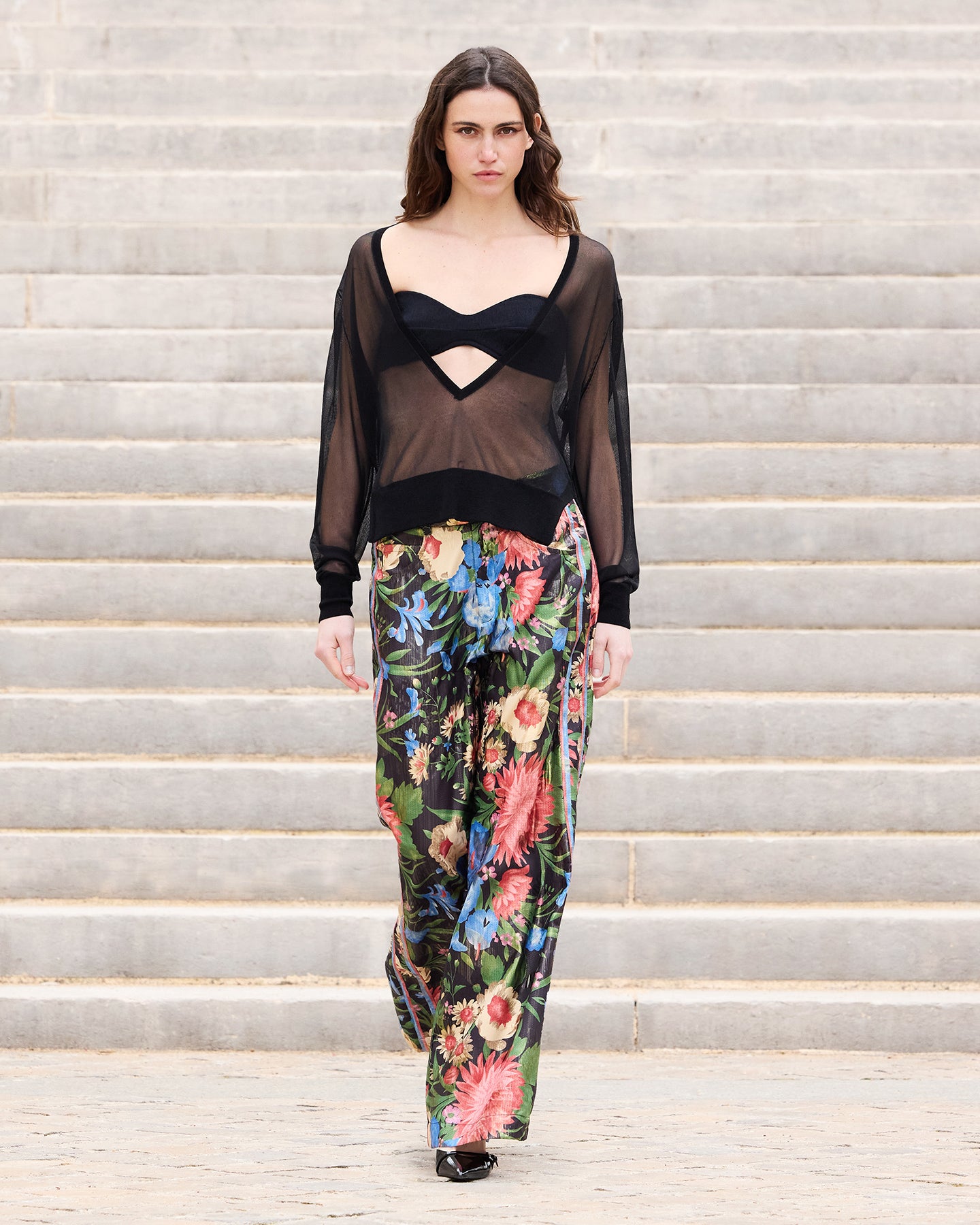 Pantalon large en jacquard lurex imprimé grandes fleurs - Pantalons & combinaisons Mes Demoiselles