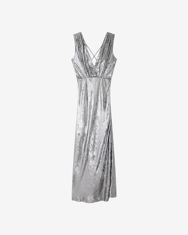 Robe Sambi - Argent : Robe longue en tissu velvet shiny argent Mes Demoiselles - Dernière image