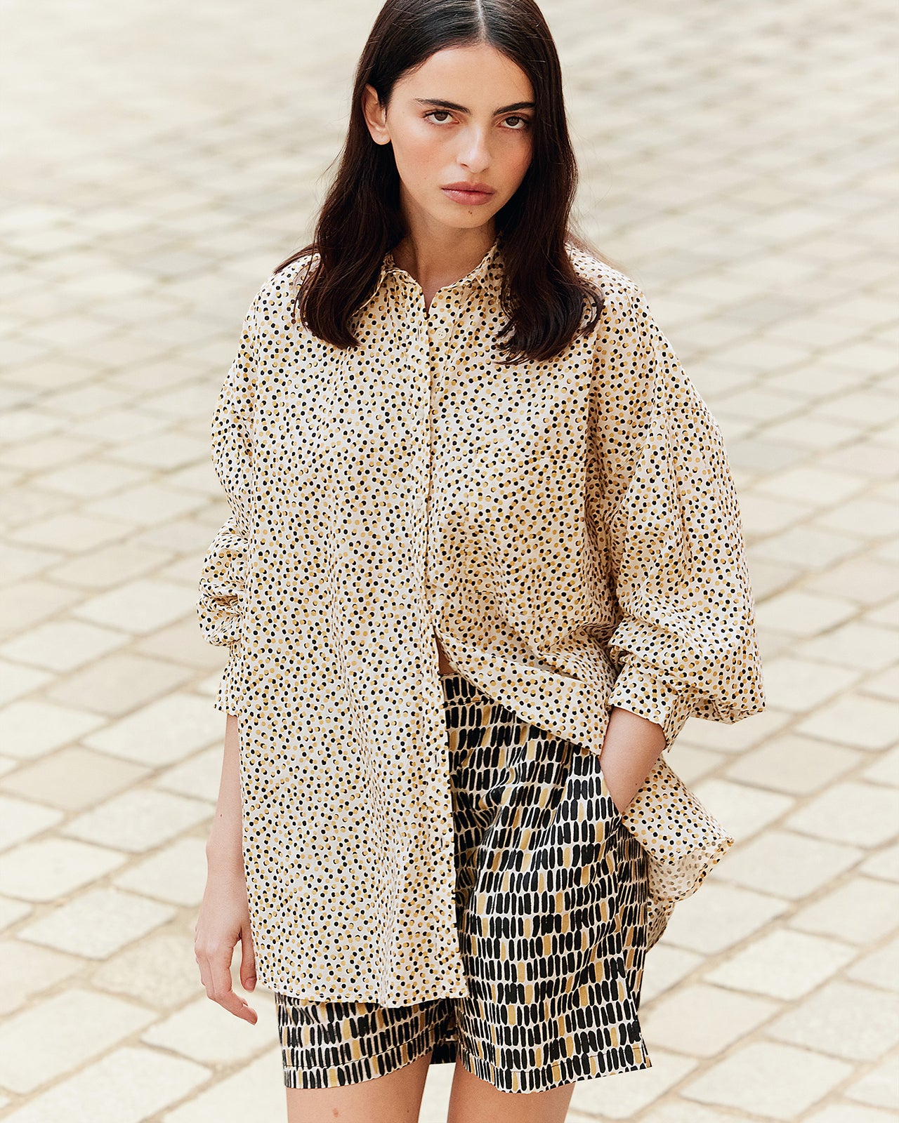 Chemise Sumira - Beige : Chemise en popeline de coton beige rayé noir et pois gold Mes Demoiselles - Image 5