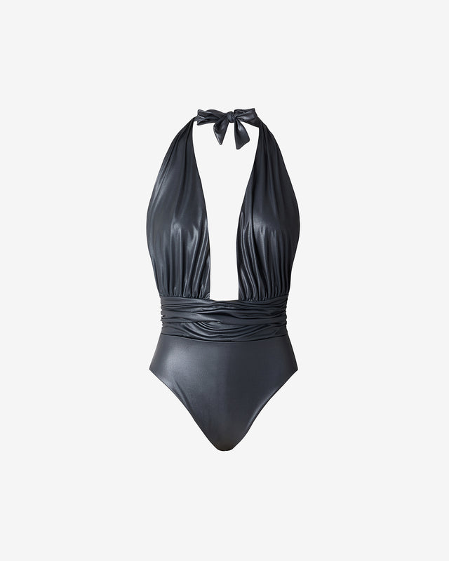 Maillot De Bain Domino - Noir : Maillot de bain 1 pièce en tissu brillant effet mouillé noir Mes Demoiselles - Dernière image