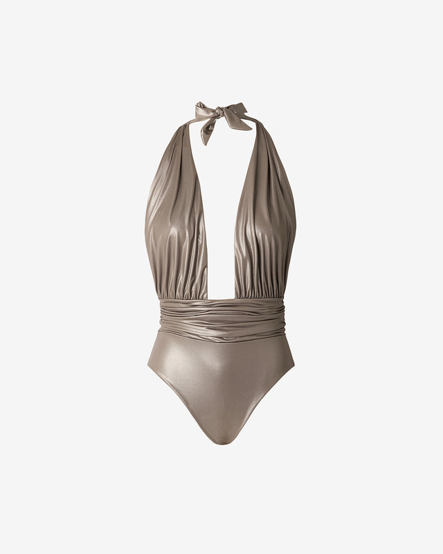 Maillot De Bain Domino - Taupe : Maillot de bain 1 pièce ent issu brillant effet mouillé taupe Mes Demoiselles - Dernière image