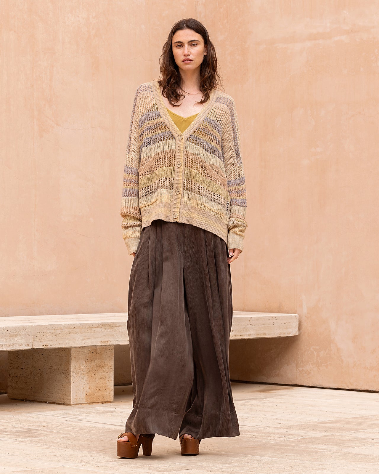 Cardigan ajouré à rayures aux nuances beige fondues - Pulls & gilets Mes Demoiselles - Image 1